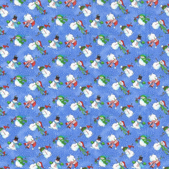 Fabric Traditions Christmas Snowmen Blue Glitter Cotton Fabric